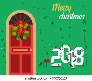Merry Christmas and new year greeting card design, holiday line art icon ornament decoration illustration.