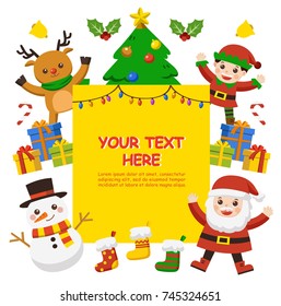 Merry Christmas and New Year greeting card. Cute kids dressed in Christmas costumes. Template for advertising brochure.