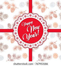 Merry Christmas and New Year greeting card. Greeting phrases on a white background with fir cones. Vector illustration for flyers, posters, brochures, packages of gifts, banners.