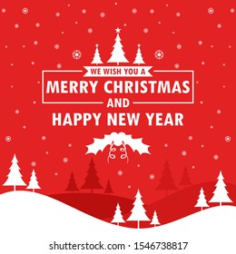 Merry Christmas and New Year greetings with a red background and a Christmas tree