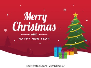 Merry Christmas and New Year greetings on red background and a Christmas tree with snowfall. Vector Illustration