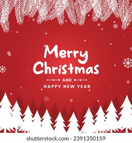 Merry Christmas and New Year greetings on red background and a Christmas tree with snowfall. Vector Illustration