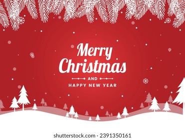 Merry Christmas and New Year greetings on red background and a Christmas tree with snowfall. Vector Illustration