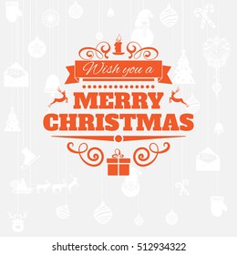 Merry Christmas and New Year greetings badge, with red letters and simple clean design elements on white background for wallpaper