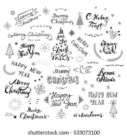 Merry Christmas and New Year hand drawn creative typography. Childish style freehand lettering and xmas doodle style elements. Ink drawing. Big collection at different languages. Vector illustration.