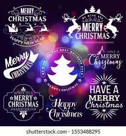 Merry Christmas and New Year, Happy Christmas Typographical  set on shiny Xmas background with snowflakes, light, stars. Merry Christmas card. Vector 