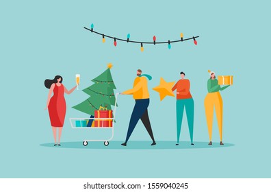 Merry Christmas, The New Year, Happy Holidays concept. Friends or business people celebrate Christmas and prepare gift boxes and Christmas tree. Isolated vector illustration in cartoon design