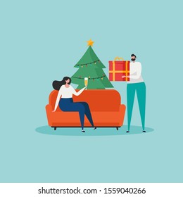 Merry Christmas, The New Year, Happy Holidays concept. Friends or business people celebrate Christmas and prepare gift boxes and Christmas tree. Isolated vector illustration in cartoon design