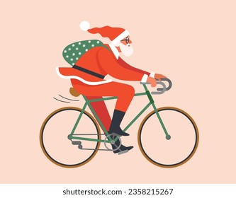 Merry Christmas, The New Year, Happy Holidays concept. The young man or Santa Claus rides a bicycle in red hat and carries gifts. Isolated vector illustration in cartoon design. 