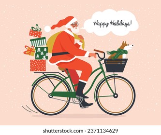 Merry Christmas, The New Year, Happy Holidays concept. The young man or Santa Claus and dog ride a bicycle in red hat and carries gifts. Isolated vector illustration in cartoon design.