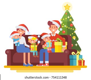 Merry Christmas and New Year. Happy family together. Mom, dad and children in santa hat sitting on the couch at home. Cartoon style, Flat Vector illustration.