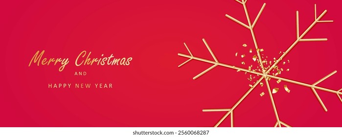 Merry Christmas and New Year header banner with 3d gold snowflake and confetti on red background. Realistic christmas simple web decoration. Holiday card vector X-mas design with golden text.