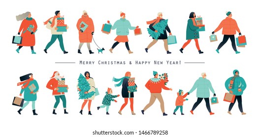 Merry Christmas and New Year. Holiday family set. Parents and children decorate the Christmas tree. Vector illustration in a flat style.