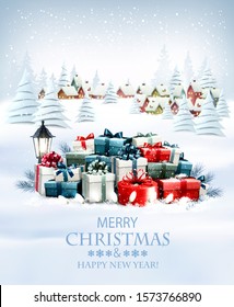 Merry Christmas and New Year holiday background with colorful gift boxes and winter village. Vector.