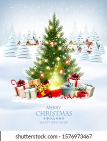 Merry Christmas and New Year holiday background with presents, christmas tree and and winter village. Vector.