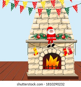 Merry Christmas and New year holiday decoration. Fireplace with Christmas stockings, toy Santa Claus and garlands. Vector illustration