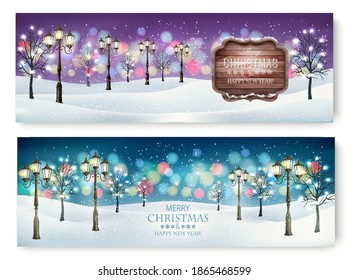 Merry Christmas and New Year Holiday banners with evening winter landscape and lamppost. Vector