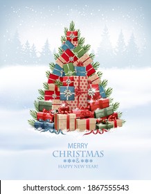 Merry Christmas and New Year holiday background with presents, christmas tree made out of gift boxes and winter landscape. Vector.