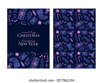 Merry Christmas and New Year holiday cards design. Universal invitation template with floral elements, gifts, candy, mistletoe, pine branch and seamless pattern. Christmas background seamless pattern.