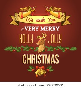 Merry christmas new year holiday ornament card with angel deer and bells vector illustration