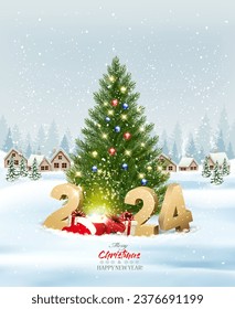 Merry Christmas and New Year holiday background with presents, christmas tree and and winter village and magic box. Vector.
