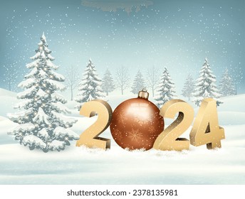 Merry Christmas and New Year Holiday landscape background with a 2024 and a christmas tree ball. Vector. 