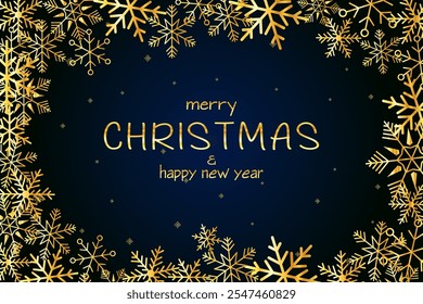 Merry Christmas and new year holiday golden decoration, gold text and border for greeting card on dark background. Christmas or New Year golden element for Xmas decoration design