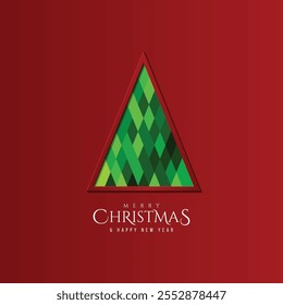Merry Christmas and New Year holiday design paper cut effect red, green minimal vector illustration