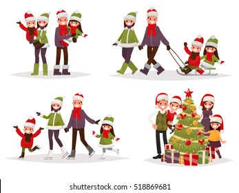 Merry Christmas and New Year. Holiday family set. Parents and children are skating and sledding, decorate the fir-tree. Vector illustration in a flat style