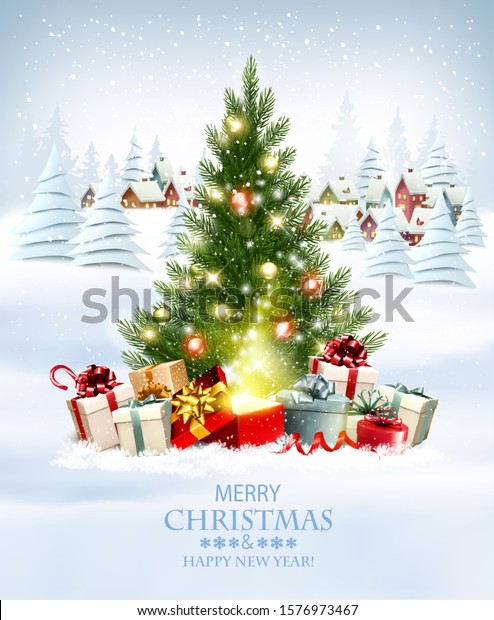 プレゼント クリスマスツリー 冬の村を持つ メリークリスマスと新年の休暇の背景 ベクター画像 のベクター画像素材 ロイヤリティフリー
