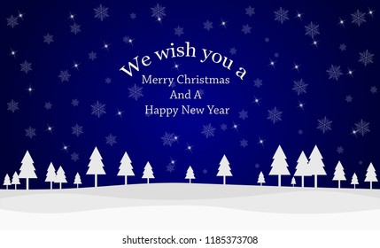 Merry Christmas and New Year holidays background with winter landscape, snowflakes, stars, night sky. Vector Illustration.