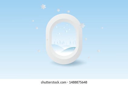 Merry Christmas and New Year holidays scenery background with winter snowflakes season. Creative minimal paper cut and craft of Airplane window forest view high concept idea.vector illustration 