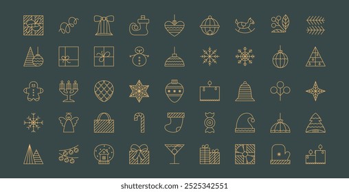 Merry Christmas and New Year holidays elements icons set. Winter holiday simple elements. Abstract modern vector snowflakes, gift box, ball, star.