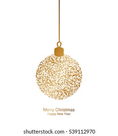 Merry christmas, New year. Holidays greeting card with abstract doodle Christmas gold ball. Vector eps 10 illustration.