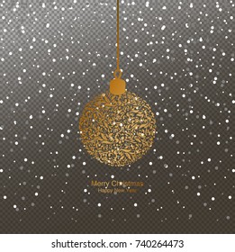 Merry christmas, New year. Holidays greeting card with abstract  Christmas gold ball against the background of snow.. Vector eps 10 illustration.