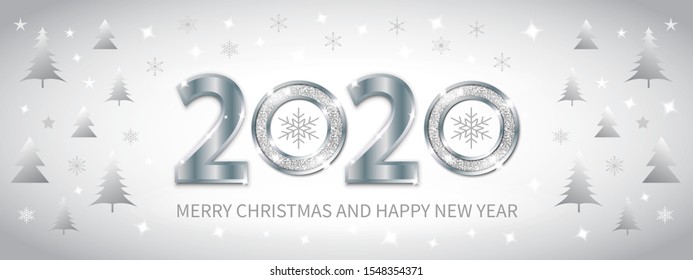 Merry Christmas and New Year horizontal banner with silver glittering 2020 typography. Metal and glittering effect. Snowflakes, fir trees, sparkles. Greeting card, banner, party invitation. Vector.