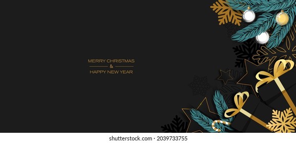 Feliz Navidad y Año Nuevo fondo horizontal. Estrellas, caja de regalo, copo de nieve, árbol de color negro y dorado.