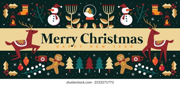 Merry Christmas and New Year icons in abstract modern flat style. Colorful illustration in flat vector cartoon style. Xmas tree with abstract elements. Seasons greetings. Vector illustration.