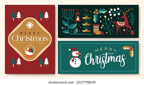 Merry Christmas and New Year icons in abstract modern flat style. Colorful illustration in flat vector cartoon style. Xmas tree with abstract elements. Seasons greetings. Vector illustration.