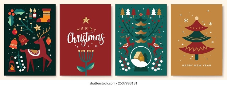 Navidades alegres e íconos del año Nuevo en estilo plano moderno abstracto. Ilustración colorida en estilo de dibujos animados de Vector plano. Árbol de Navidad con Elementos abstractos. Saludos de temporada. Ilustración vectorial.