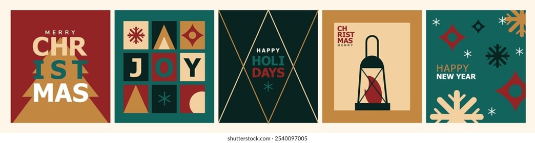 Merry Christmas and New Year icons in abstract modern flat style. Colorful illustration in flat vector cartoon style. Xmas tree with abstract elements. Seasons greetings. Vector illustration.