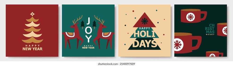 Merry Christmas and New Year icons in abstract modern flat style. Colorful illustration in flat vector cartoon style. Xmas tree with abstract elements. Seasons greetings. Vector illustration.