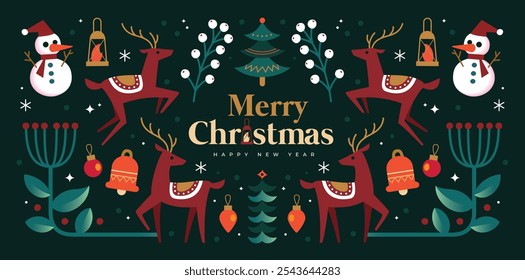 Merry Christmas and New Year icons in abstract modern flat style. Colorful illustration in flat vector cartoon style. Xmas tree with abstract elements. Seasons greetings. Vector illustration.