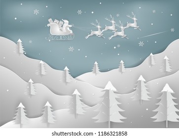 Merry Christmas and New Year. Illustration of Santa Claus with reindeer on the sky. Christmas forest woods with mountains. minimal greeting card concept. Paper art and digital craft style. 