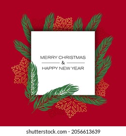 Merry Christmas and New Year invitation card with snowflake and Christmas tree on a red background