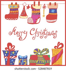 merry christmas and new year invitation, congratulation and greeting card with presents and decorative socks. vector illustration on white background. elements for your design.