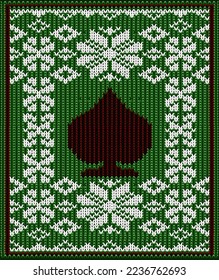 Merry Christmas and New year knitted pattern with casino poker spades cards, vector illustration