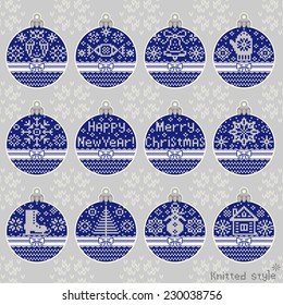 Merry Christmas and New Year knitted ball set. Scandinavian northern style. The complete set of ball for gifts. Vector illustration.