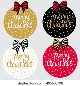 Merry christmas - new year label template in the form of balls.Hand sketched graphic vector element with lettering, snow.