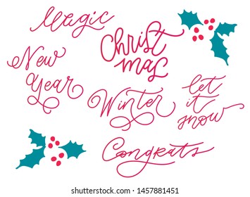 Merry Christmas and New Year lettering set with holly and berries. Calligraphy card design elements. Holiday lettering templates for greeting cards, overlays, posters, wrapping paper. Vector.